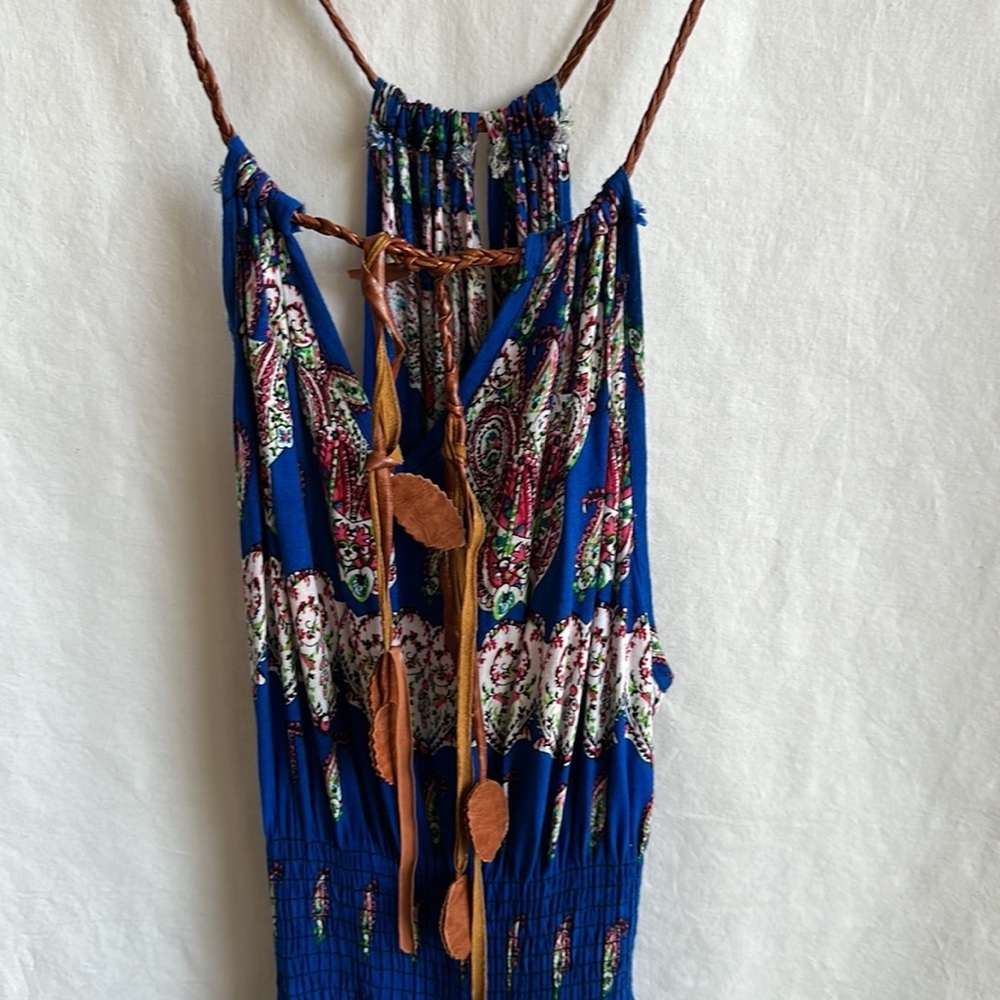 Royal blue print maxi halter dress with faux leather tie, size XS/S - Picture 2 of 9